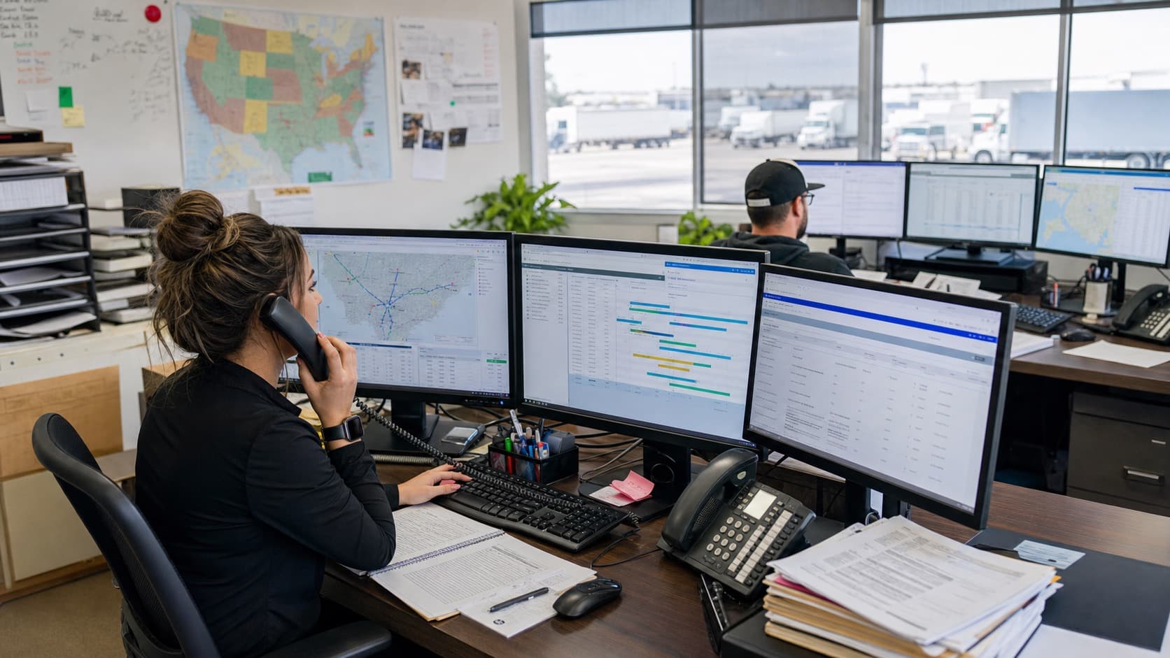 Dispatcher office coordinating live freight loads