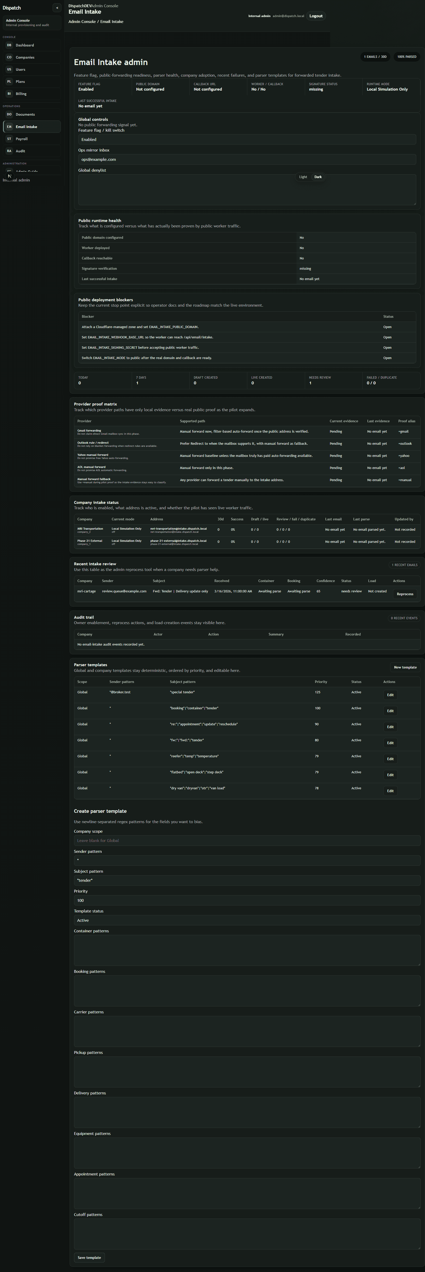 DispatchAi intake runtime view